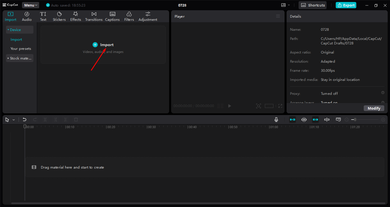 Uploading video in the CapCut desktop video editor