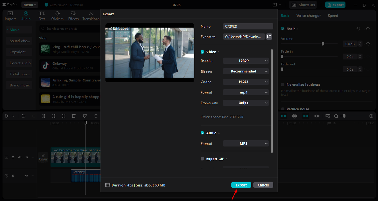 Exporting the business video in the CapCut desktop video editor 