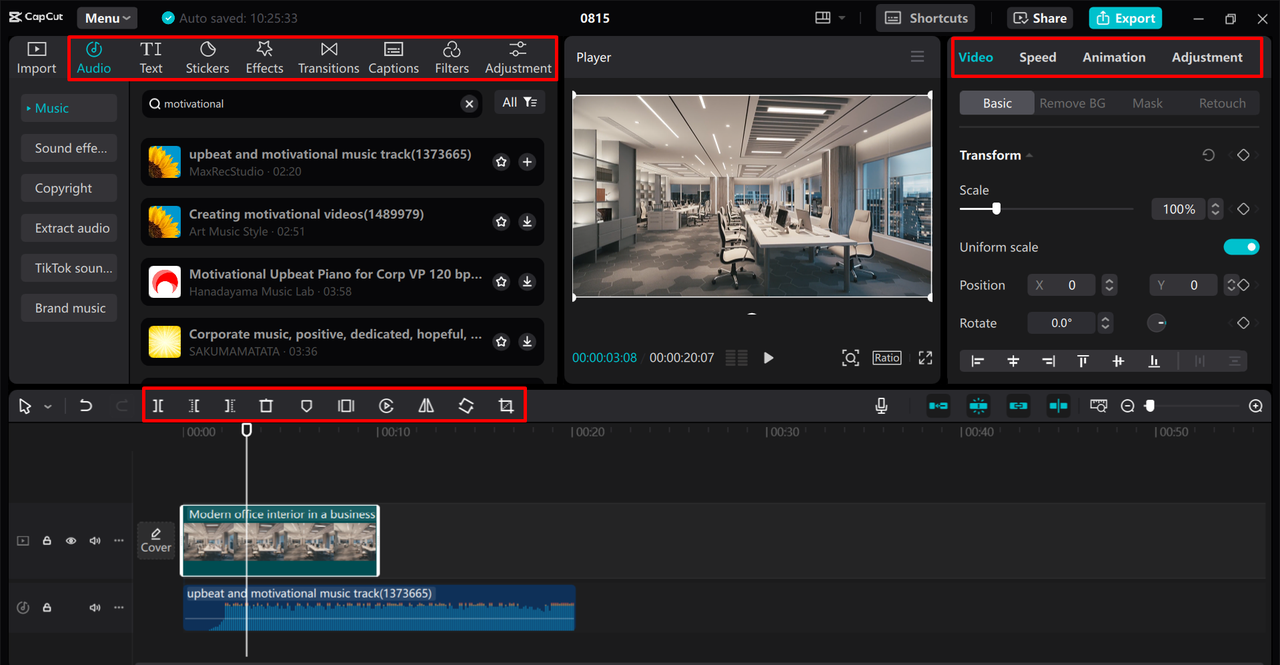 Editing the YouTube video ad template on the CapCut desktop video editor