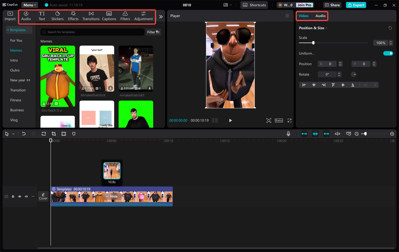 CapCut editing panel, adjusting meme text, size, and color to a video template