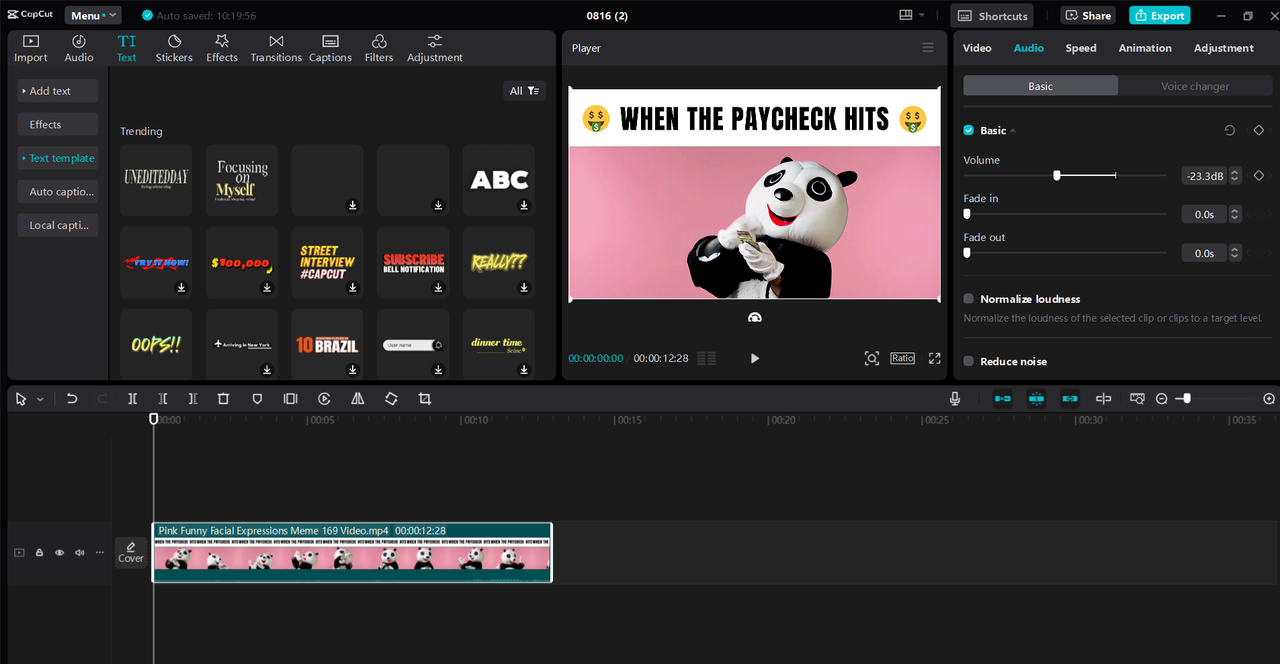 The CapCut desktop video editor interface shows the customization of the meme template