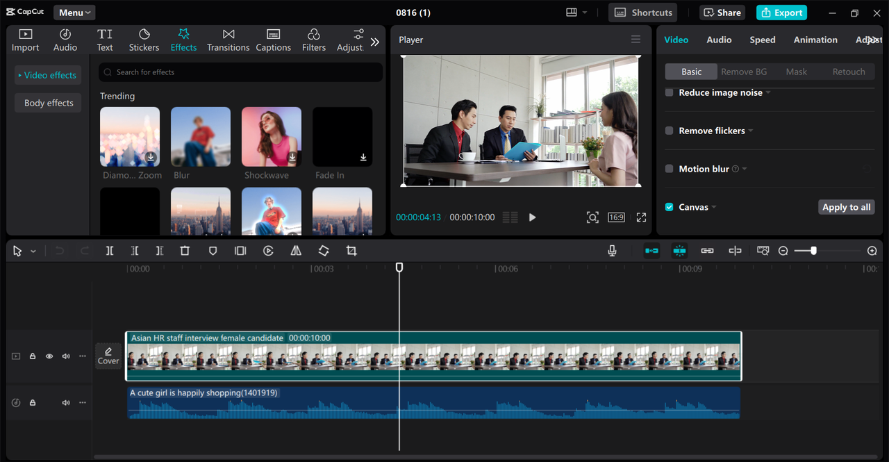 Editing interface of the CapCut desktop video editor - a perfect tool to blur the background on video