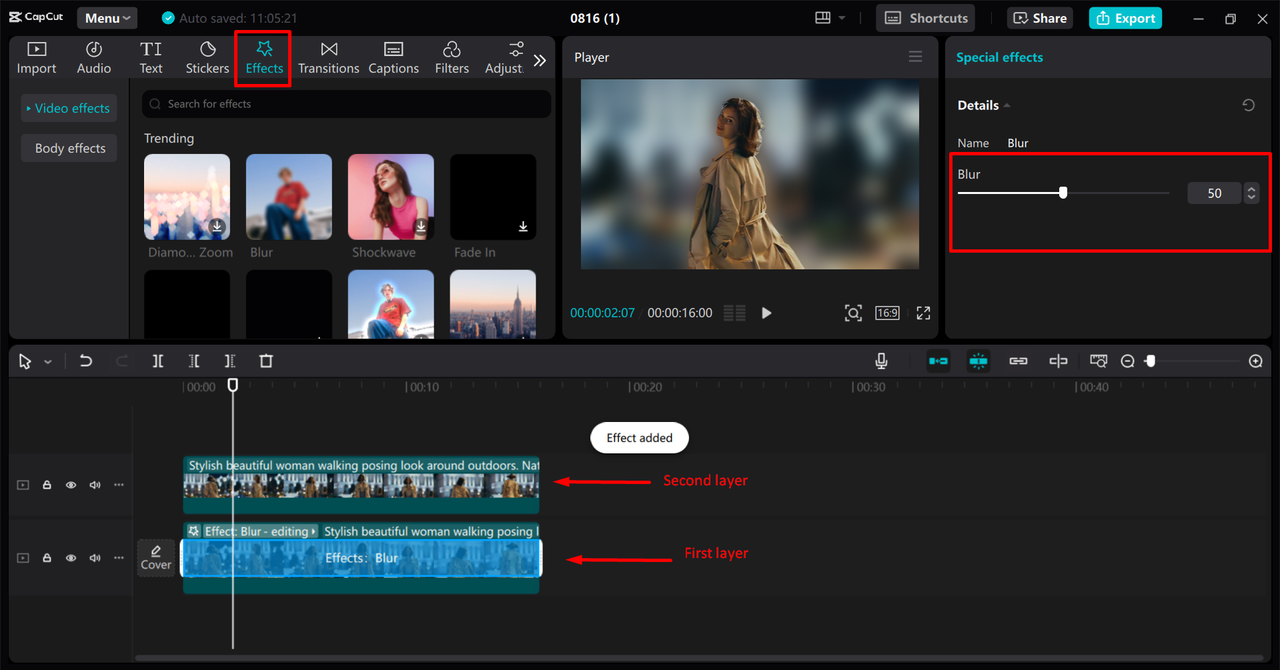 Showing how to blur the background of a video in CapCut desktop video editor