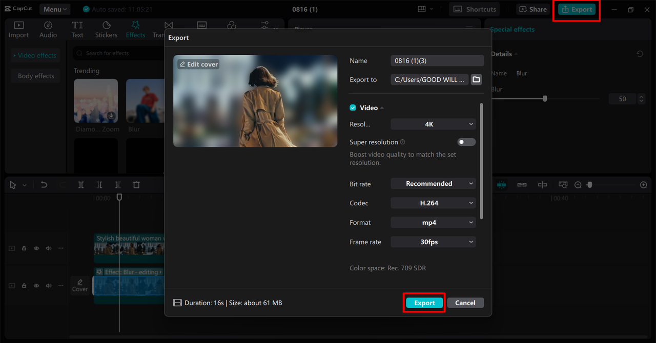 Exporting video from the CapCut desktop video editor