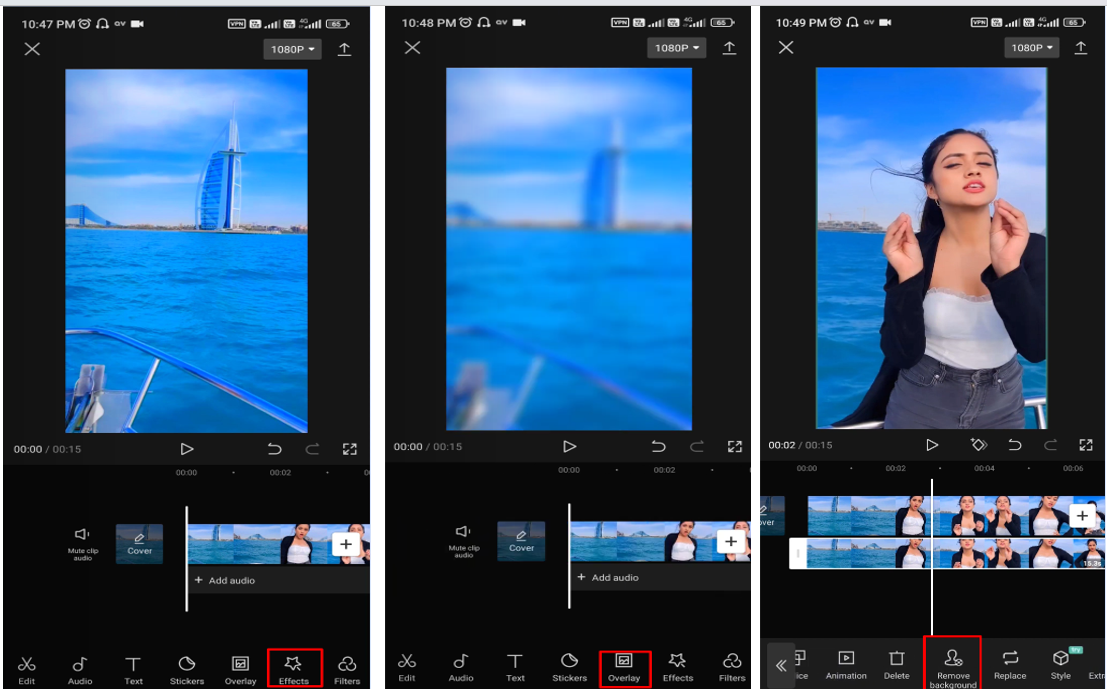 Interface showing how to blur out video background in the CapCut mobile app