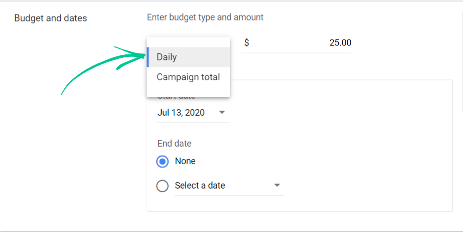 Setting budget in Google Ads Manager for creating a YouTube ad 