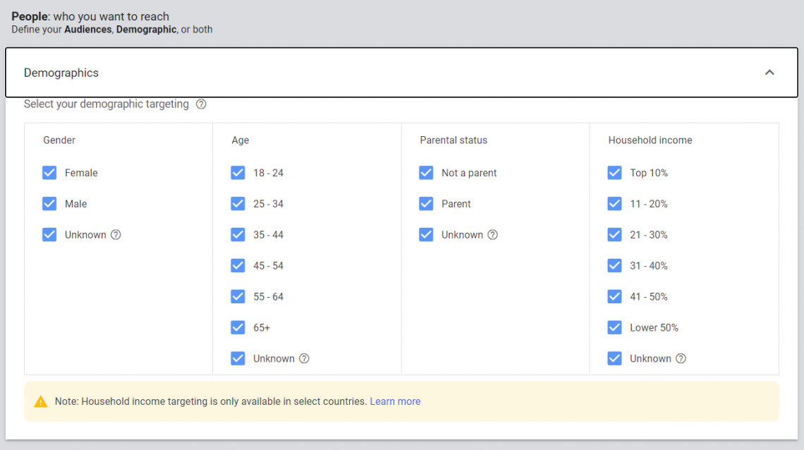 Specifying the demographics when creating a YouTube ad in Google Ads Manager