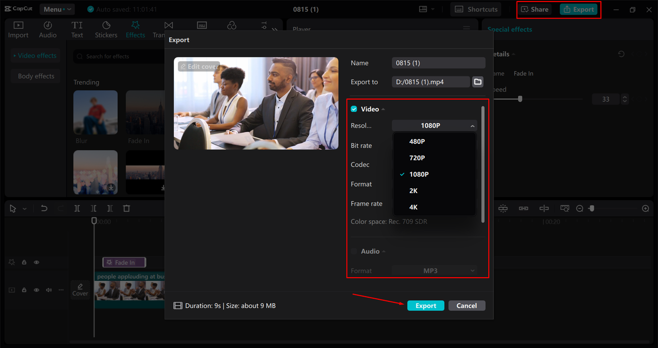 Exporting a video from the CapCut desktop video editor