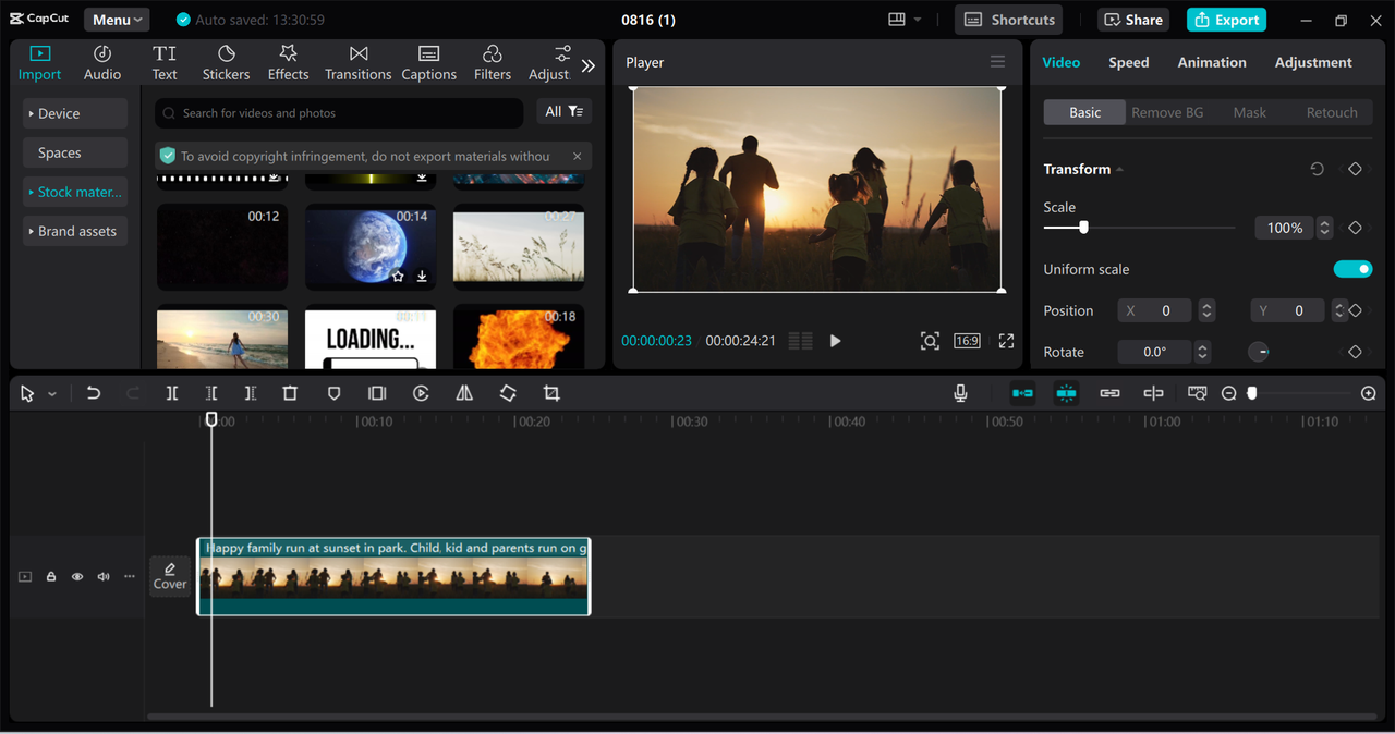 Editing interface of the CapCut desktop video editor - a professional tool to blur video backgrounds