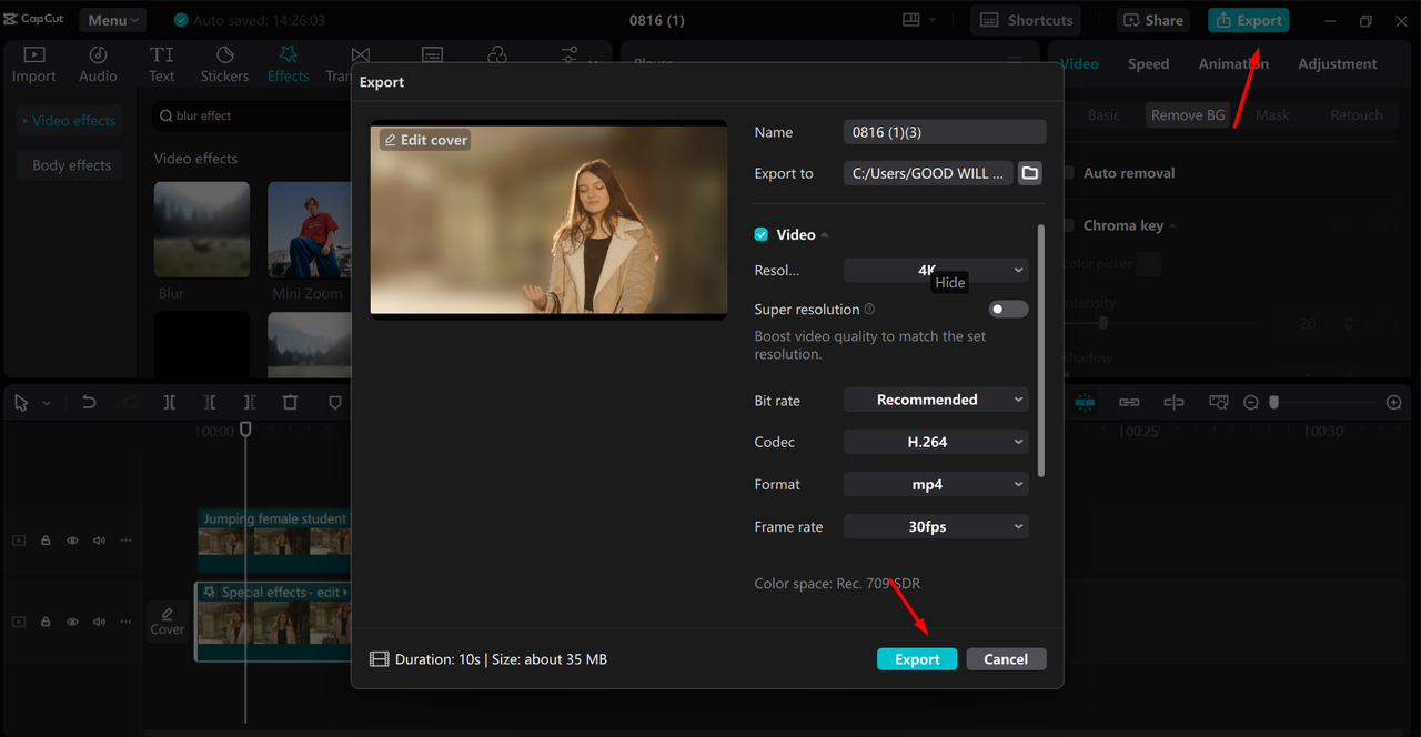 Exporting video from the CapCut desktop video editor