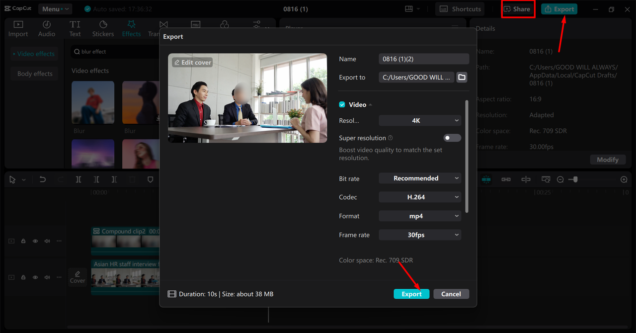 Exporting video from the CapCut desktop video editor