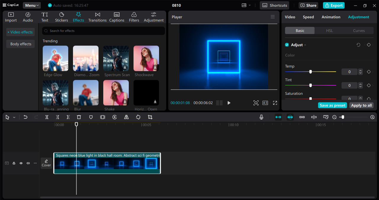 Editing interface of the CapCut desktop video editor - a perfect tool for creating animated videos