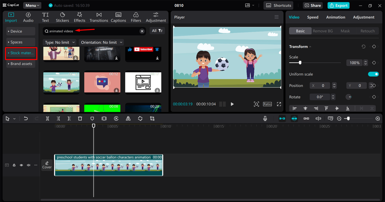 Selecting an animation video template from the CapCut desktop video editor's stock library