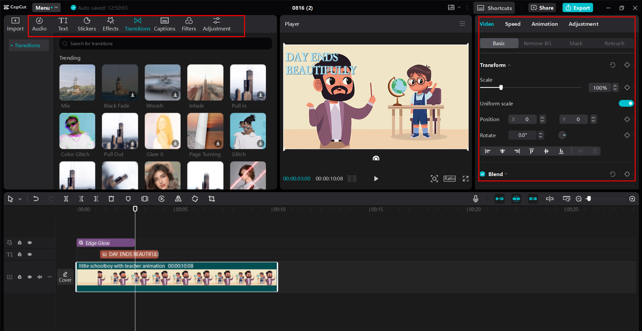 Editing the animated video with AI tools in CapCut desktop video editor