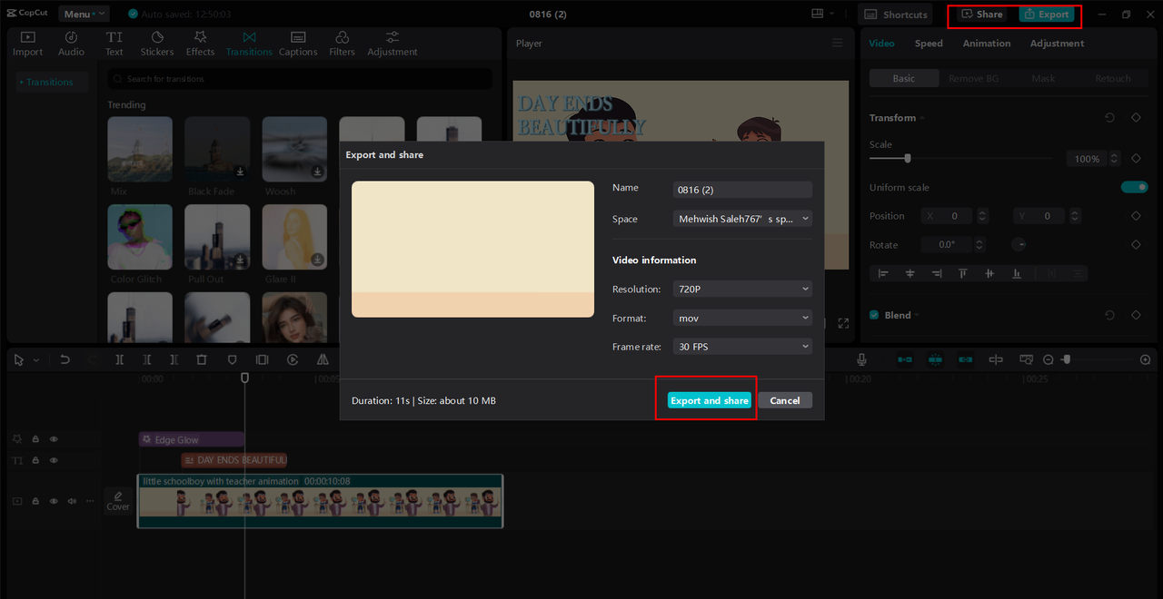 Exporting or sharing the animated video from the CapCut desktop video editor