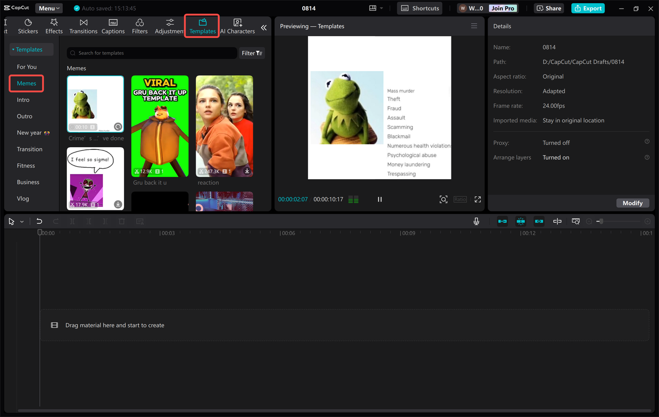 Selecting a meme template from the library of CapCut desktop video editor