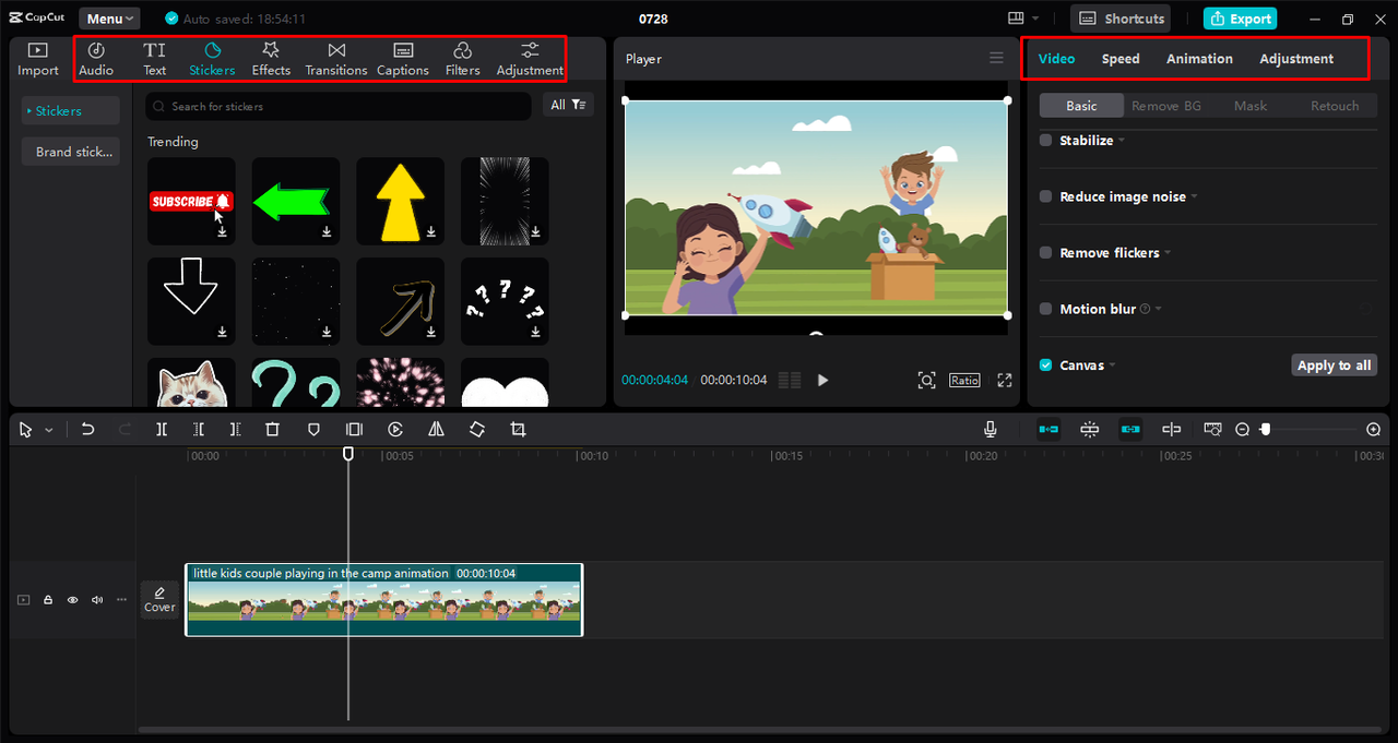 Editing the 3d animated video using advanced tools in the CapCut desktop video editor 