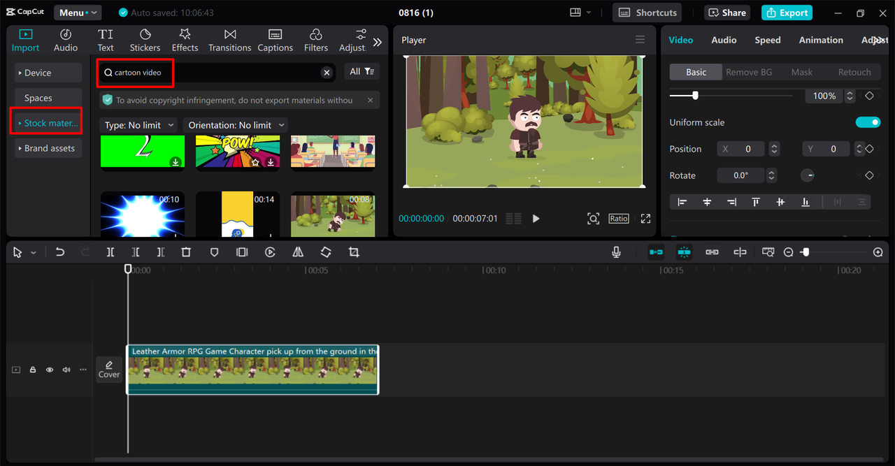 Selecting cartoon video from the CapCut desktop video editor's stock materials library 