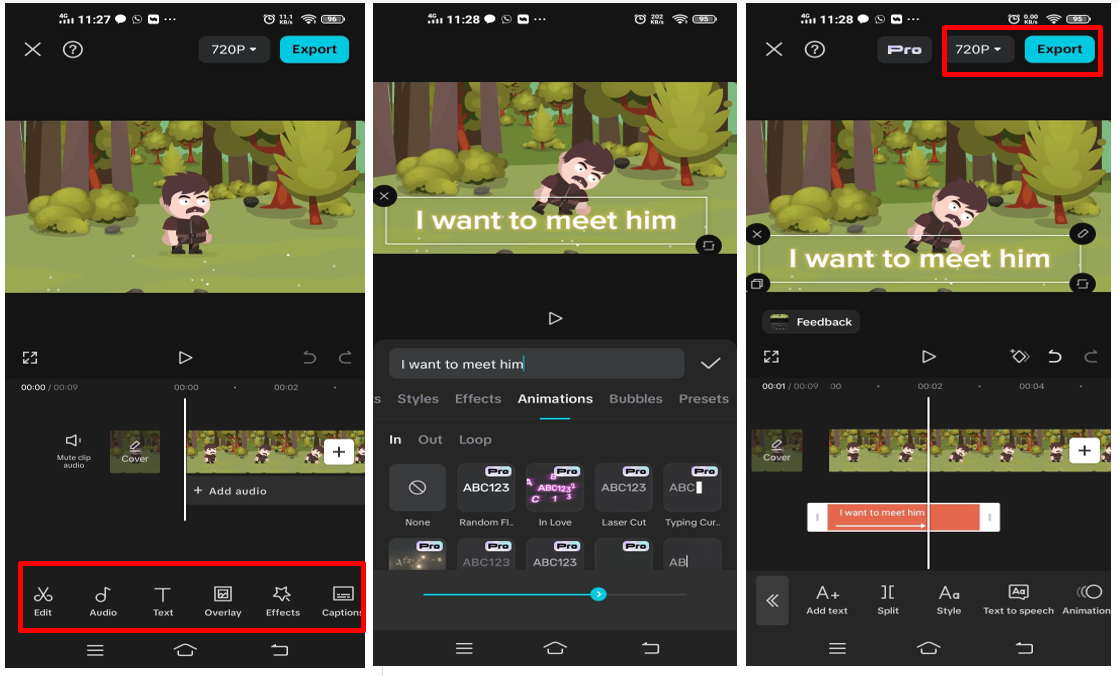 Interface showing how to create animated cartoon videos using CapCut mobile app