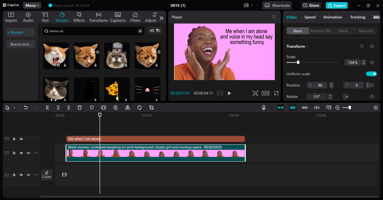 Editing a meme video using advanced tools in the CapCut desktop video editor