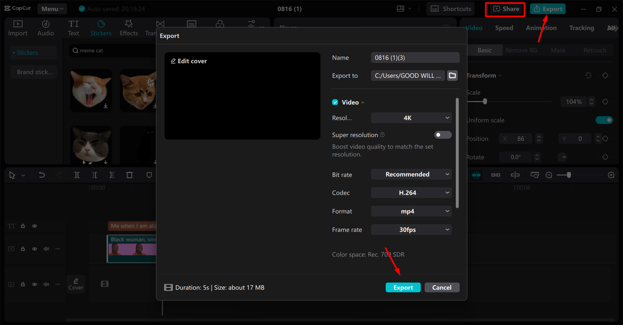 Exporting a meme video from the CapCut desktop video editor