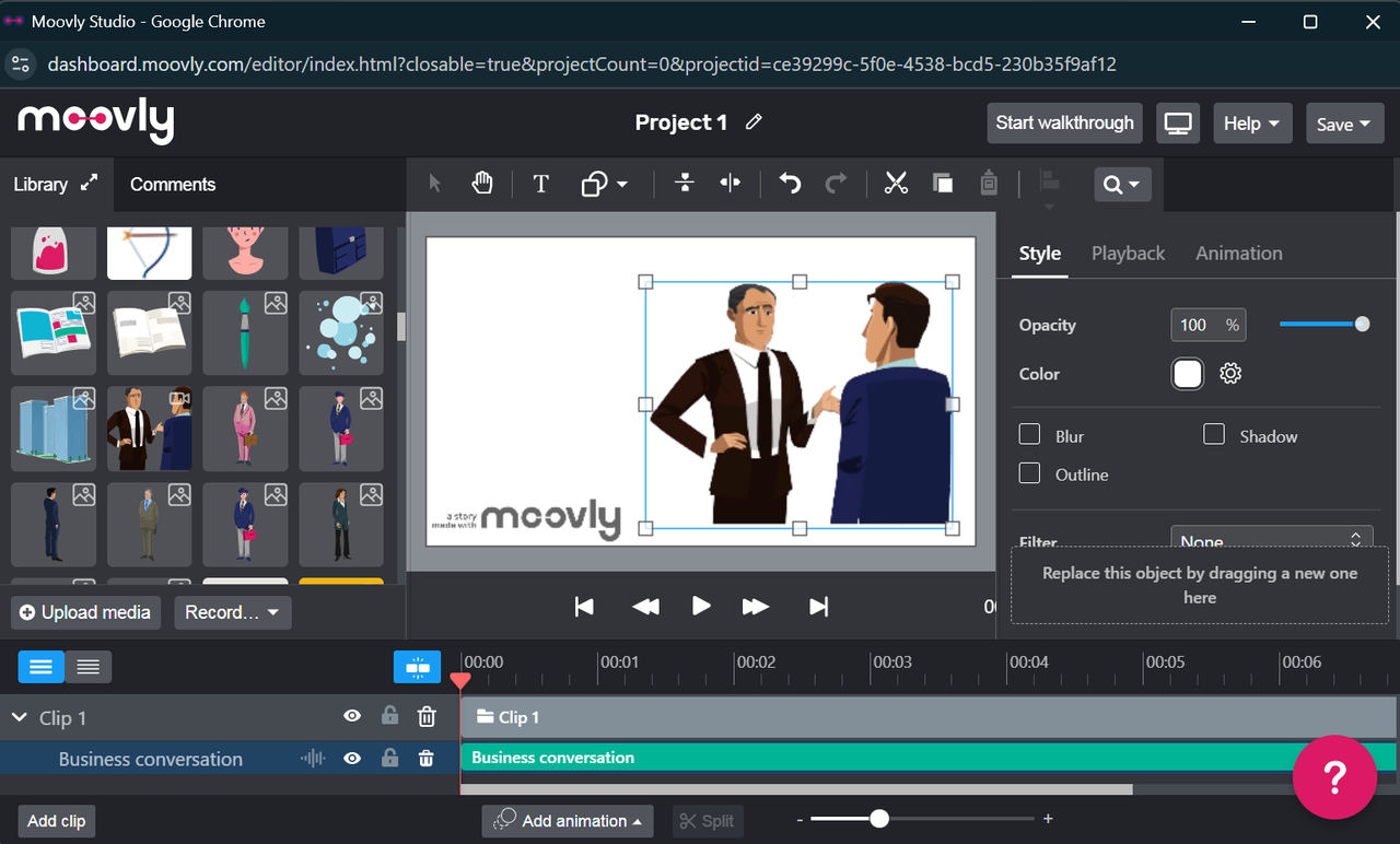 Interface of the Moovly - a professional cartoon animation video maker available for free