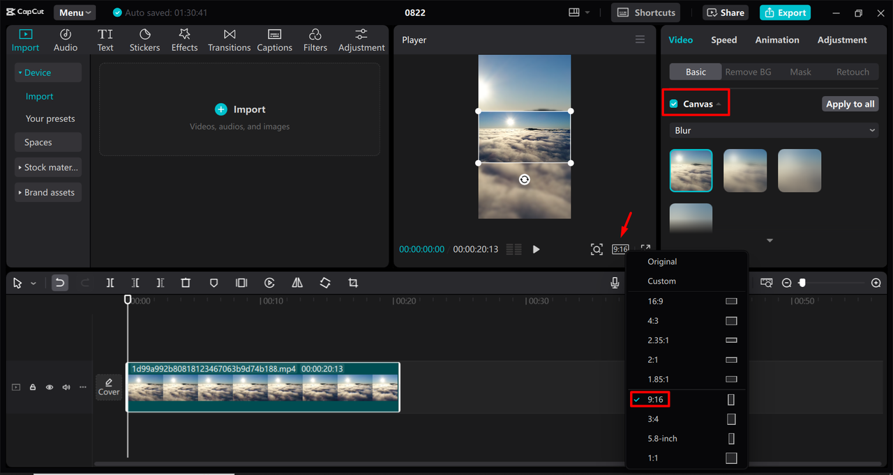 Showing how to make a horizontal video vertical in the CapCut desktop video editor