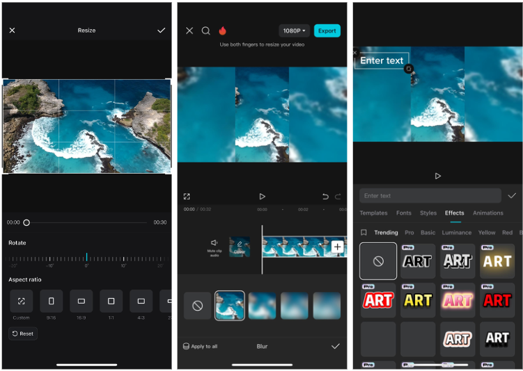 Editor interface of CapCut mobile app showing how to make a horizontal video vertical