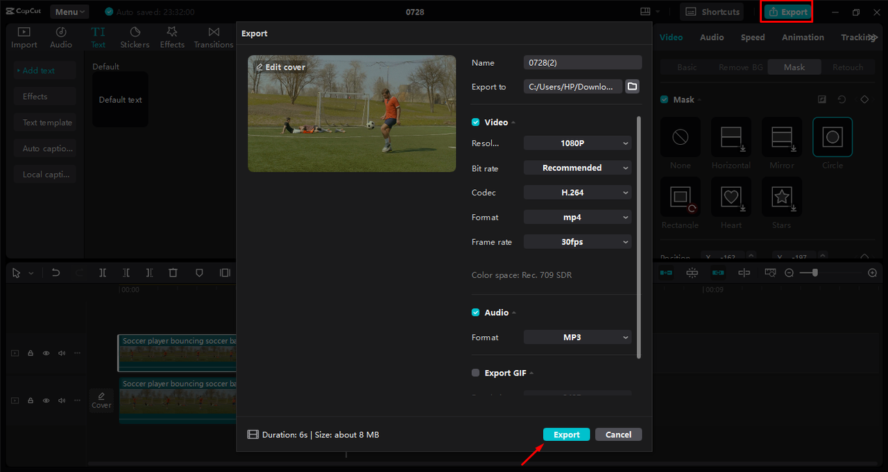 Exporting video after removing an unwanted object in the CapCut desktop video editor 