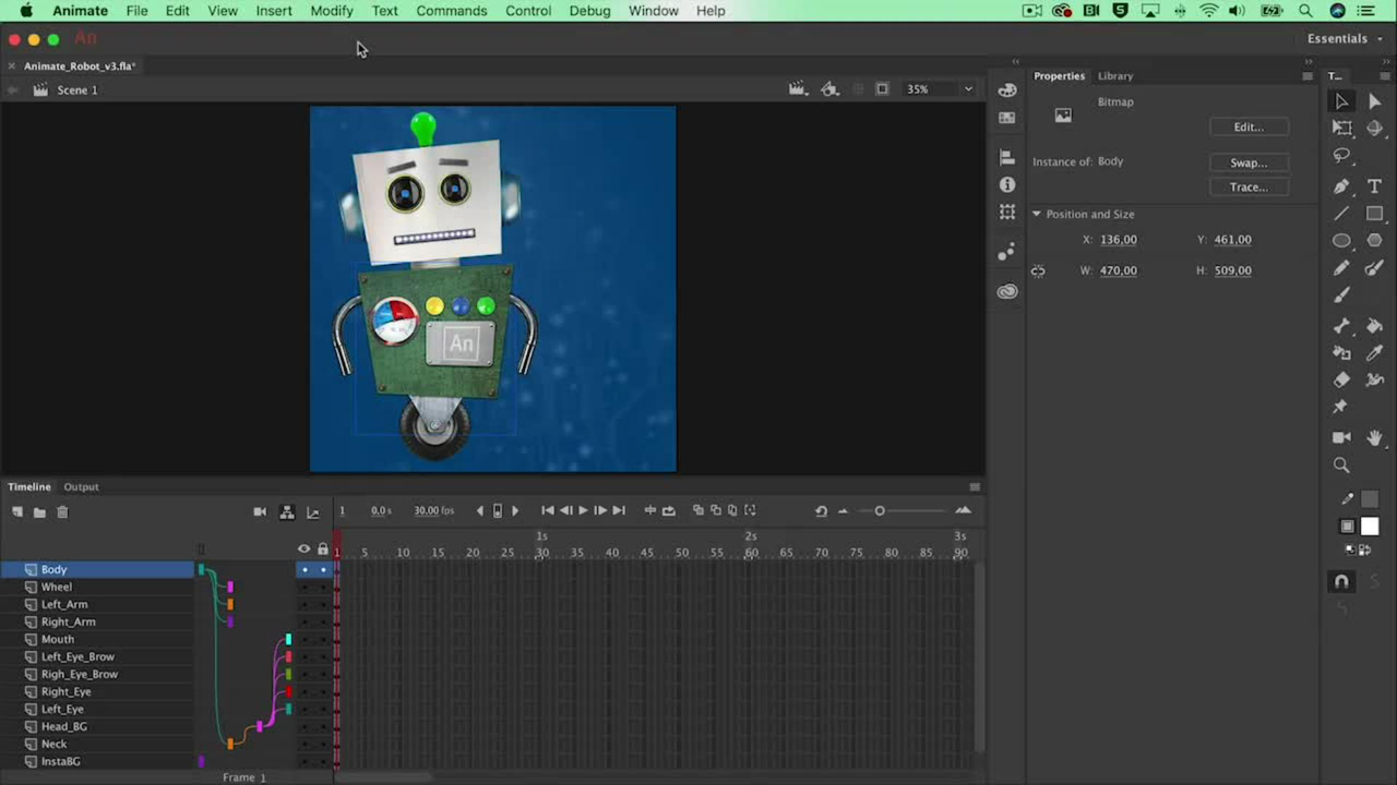 Interface of Adobe Animate animation 3d video maker