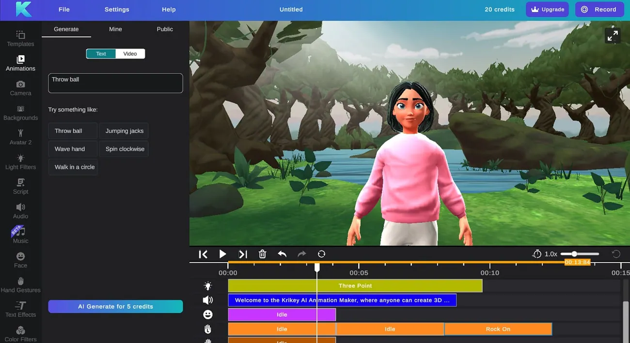 Interface of 3d animation maker website - Krikey.AI to create a 3D animation