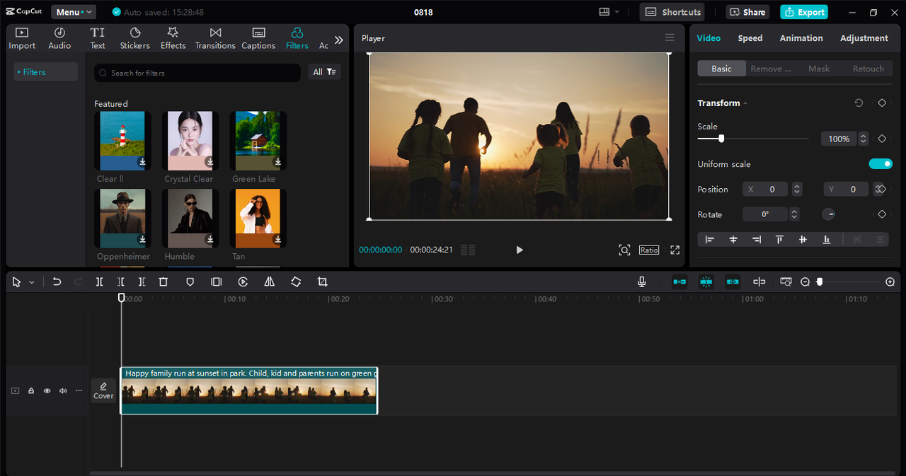 Editing interface of the CapCut desktop video editor - a perfect tool for erasing objects in video