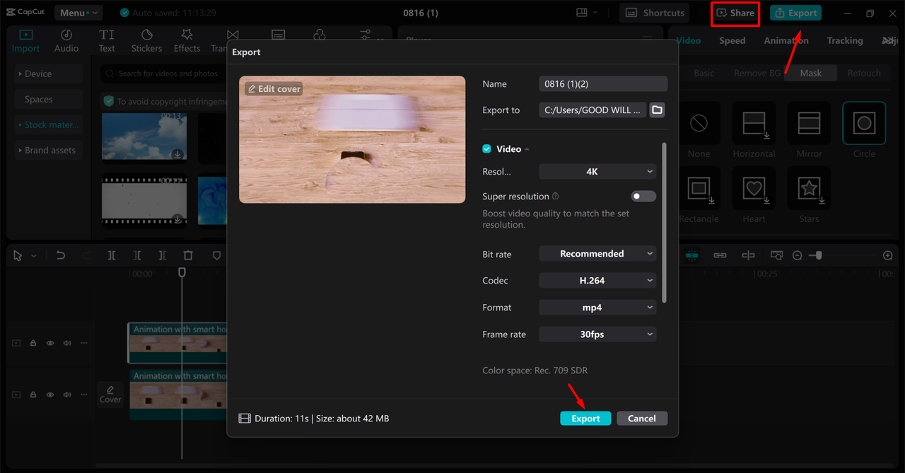 Exporting a video from the CapCut desktop video editor