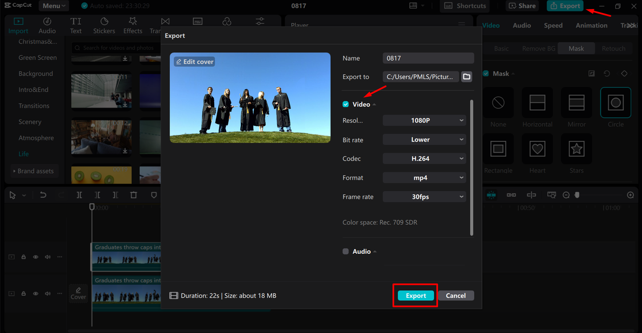 Exporting a video from the CapCut desktop video editor