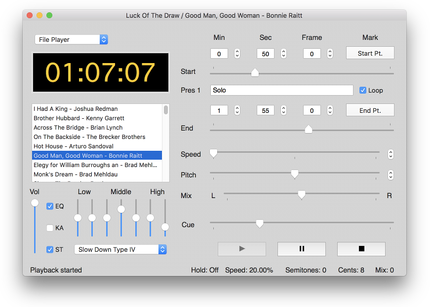 Interface of Amazing Slow Downer showing music adjustments on Mac 