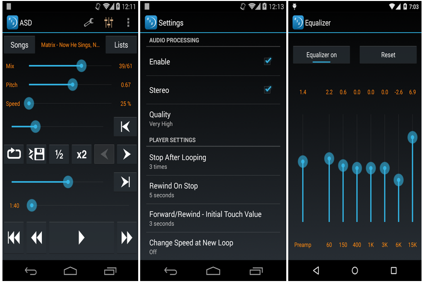 Image showing various features of Amazing Slow Downer on mobile app