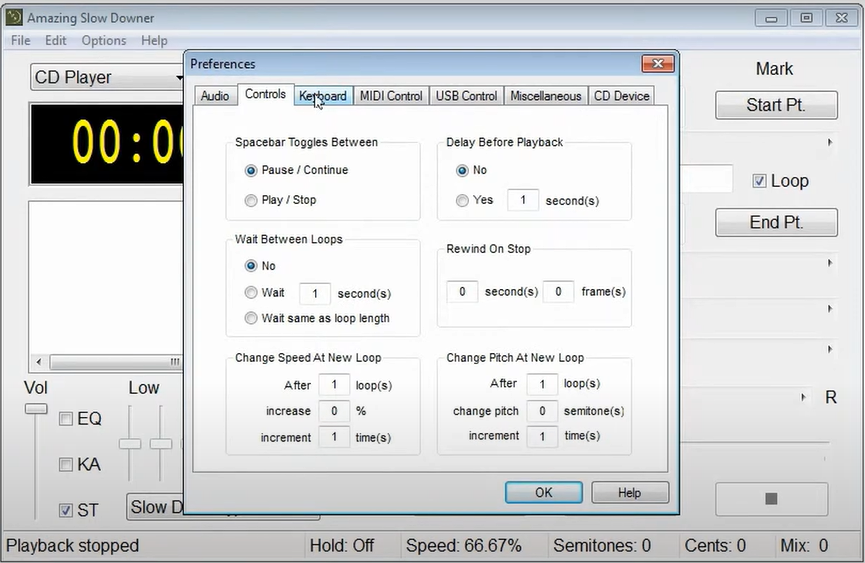 Interface showing adjustment of playback speed in the Amazing Slow Downer  