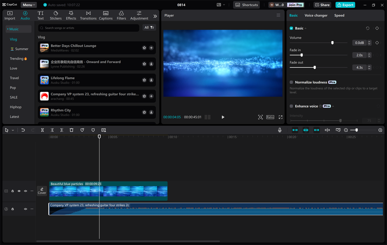 Interface of the Capcut desktop video editor