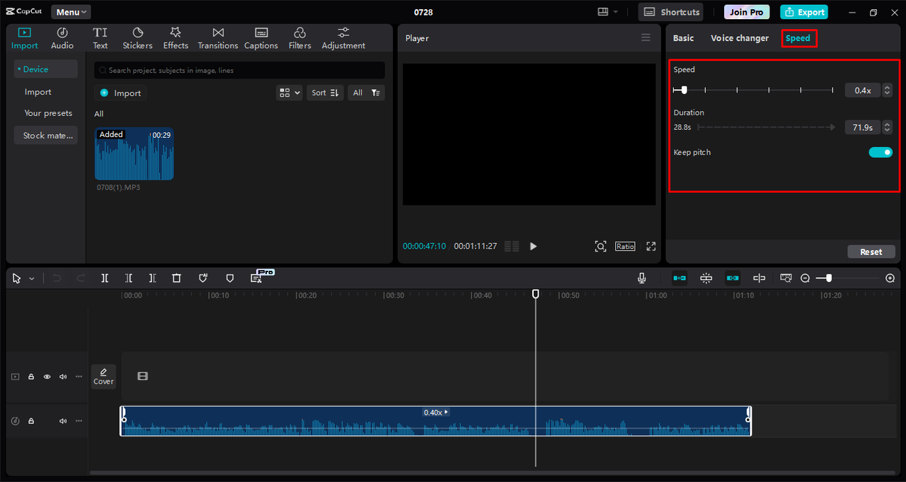 Slowing down and adjusting the audio for perfect pitch in the CapCut desktop video editor 