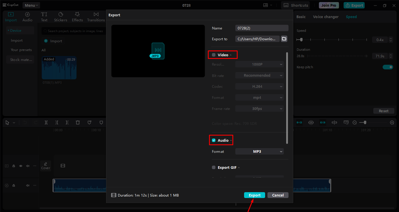 Exporting audio after slowing down in the CapCut desktop video editor 
