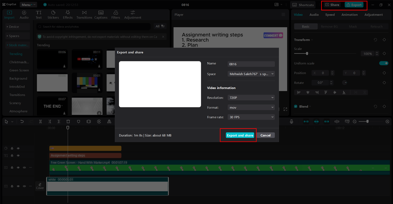 Exporting or sharing the whiteboard animated video into the CapCut desktop video editor