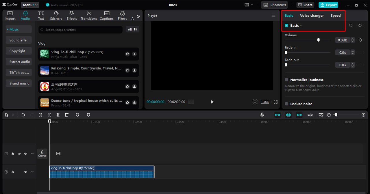 Editing interface of the CapCut desktop video editor - a perfect tool to fine-tune music recordings