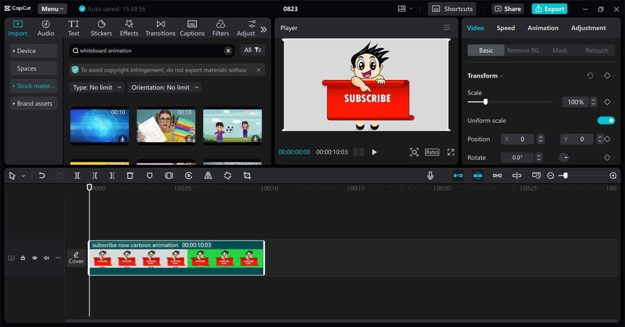 Editing interface of the CapCut desktop video editor - a perfect tool to create whiteboard animation videos