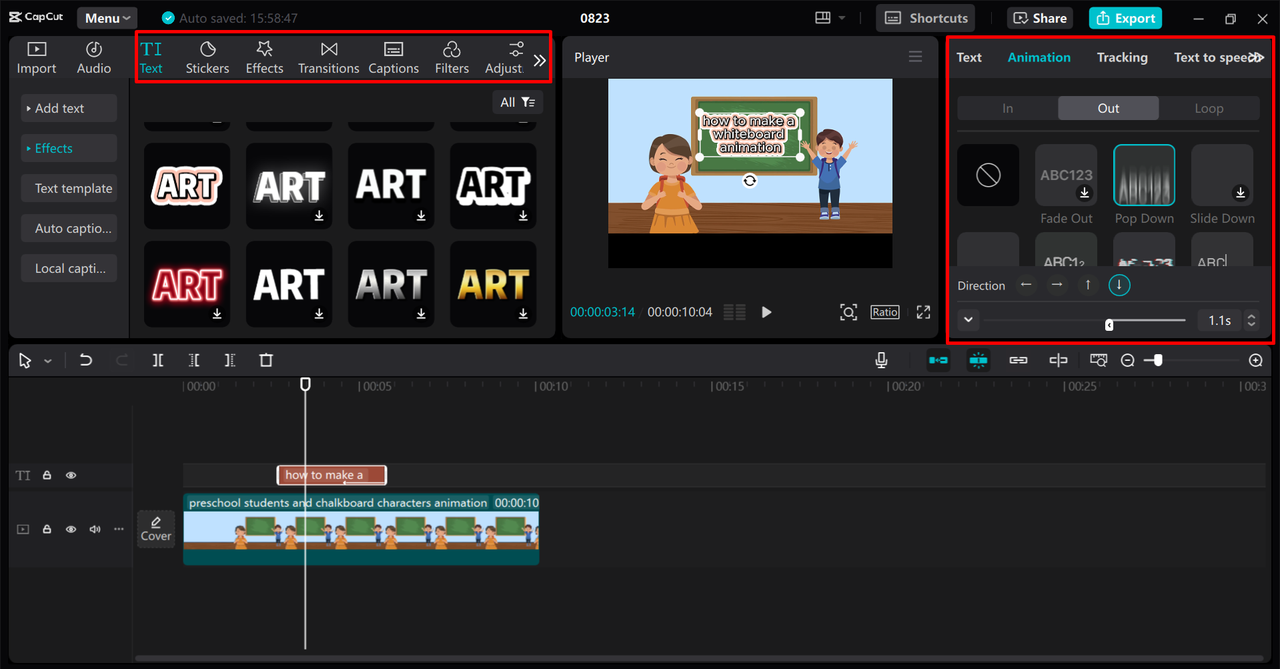 Interface showing how to create whiteboard animation videos in CapCut desktop video editor