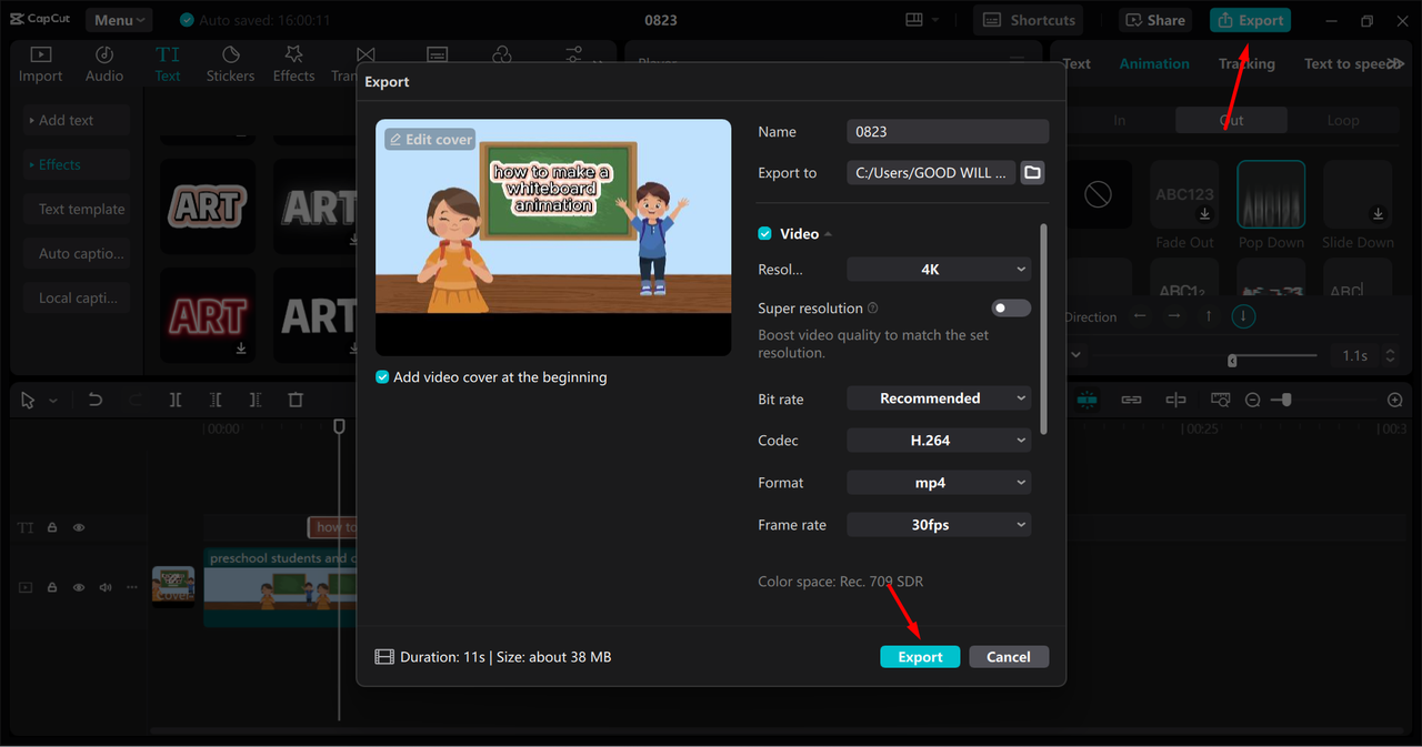 Exporting whiteboard video from the CapCut desktop video editor