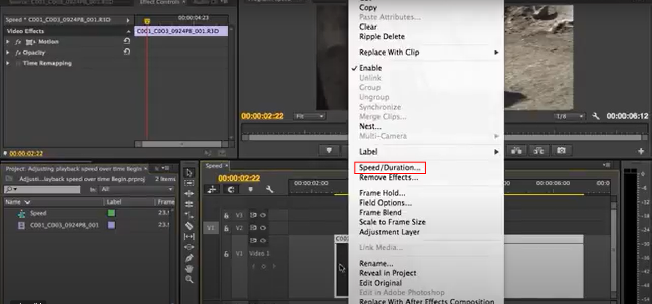 Using Premiere Pro speed/duration feature to speed up the video