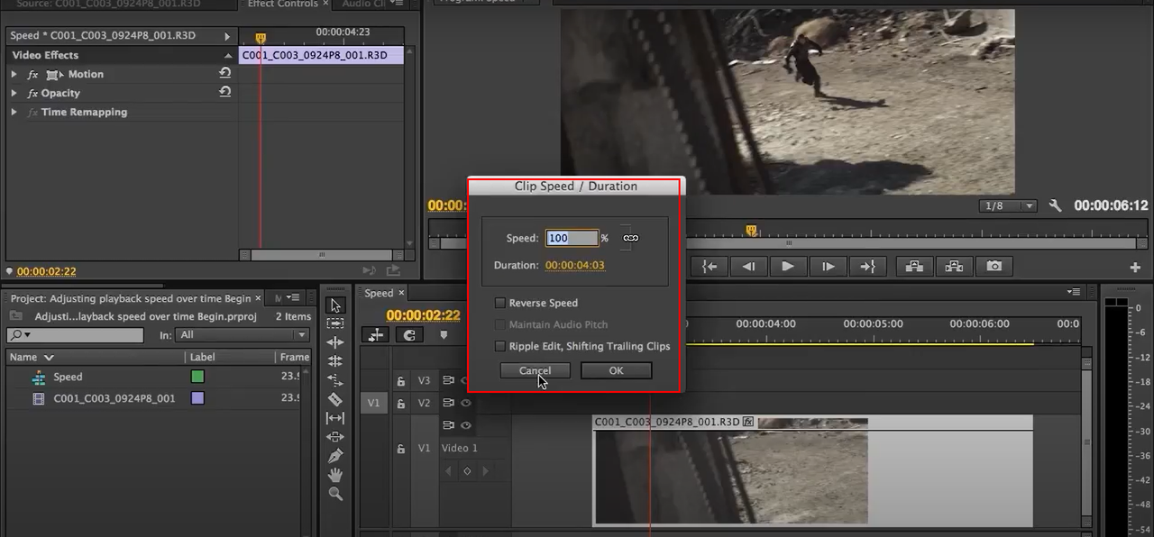 adjusting the speed/duration in Premiere Pro