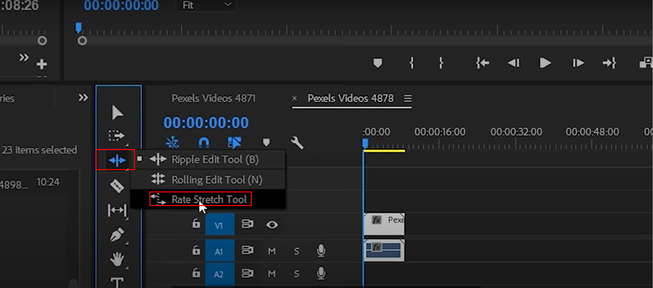 Selecting the rate stretch tool for playback speed up