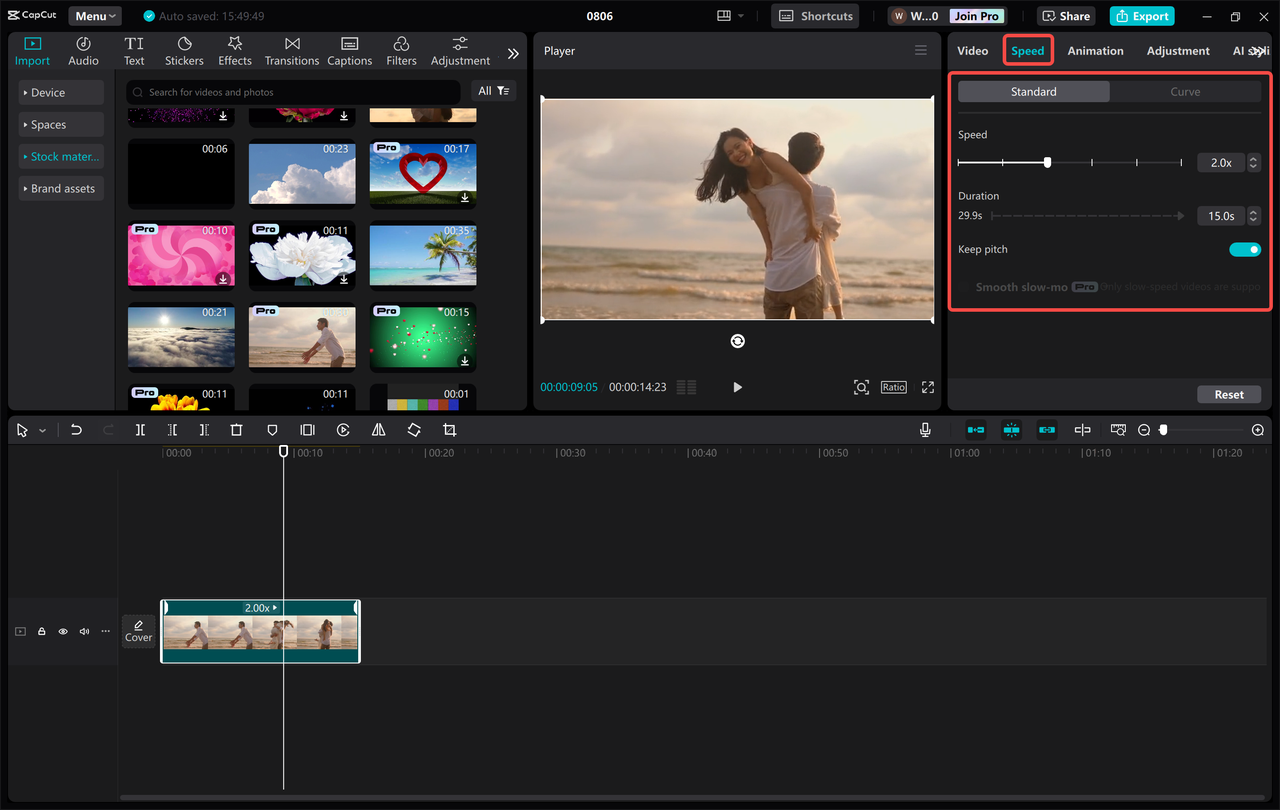 Adjusting the playback speed in the CapCut desktop video editor