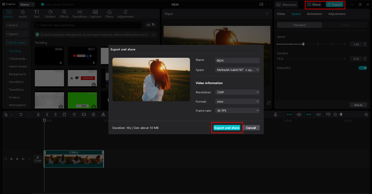 Exporting or sharing the video into the CapCut desktop video editor